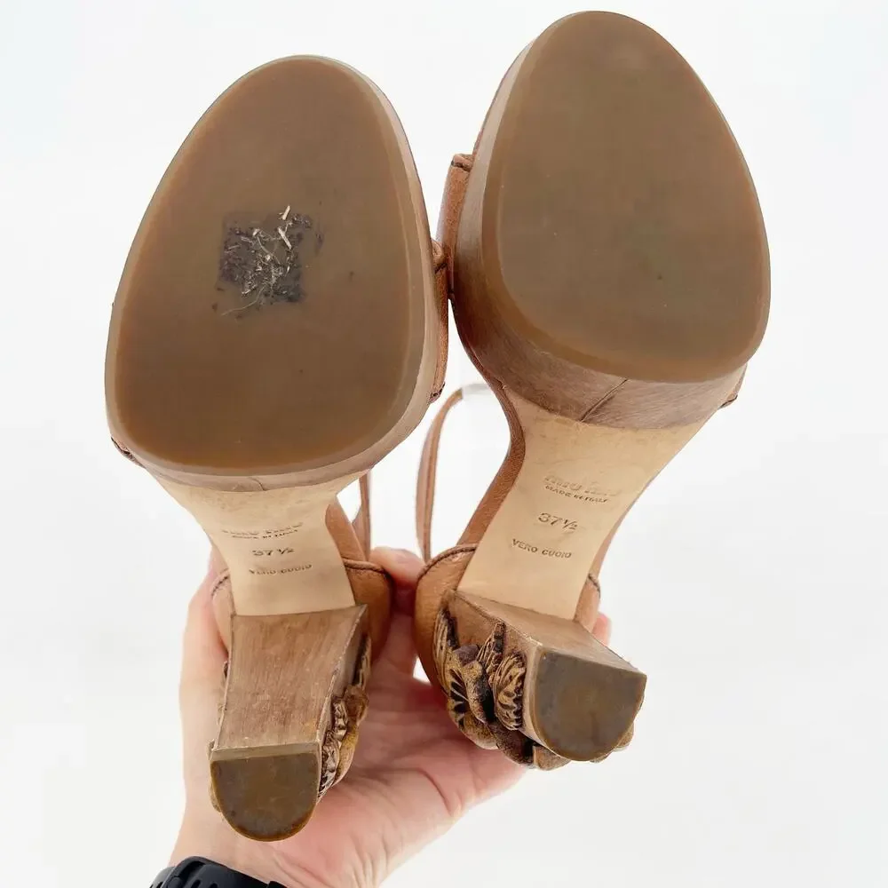 Miu Miu Vintage Camel Tan Floral Flower Carved Wood Heel Platform Sandal IT 37.5 - Picture 11 of 12